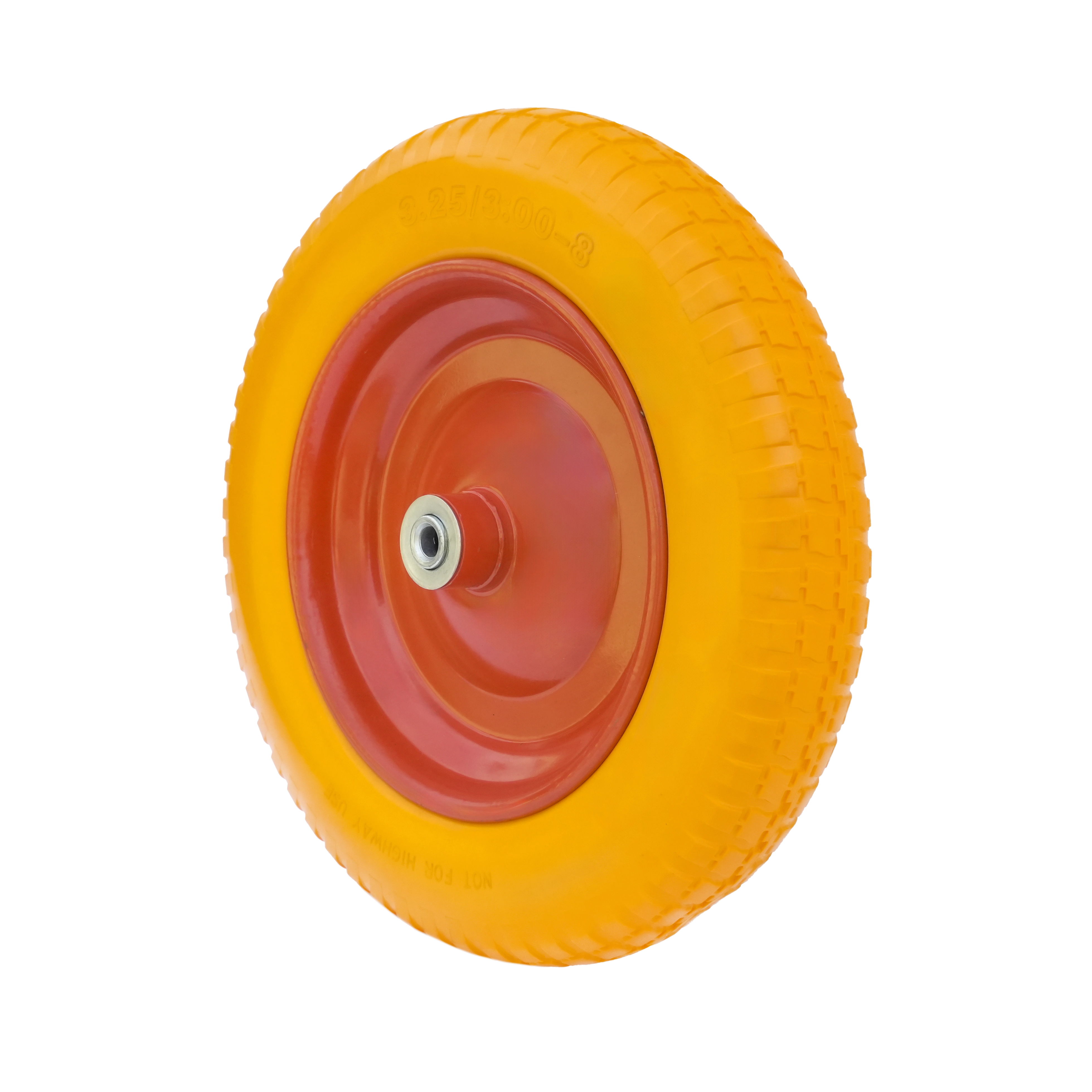 PU 2404-12 - Колесо для тачки / тележки полиуретановое бескамерное 3.25/3.00-8, сварной диск, диаметр 360 мм, ось 12 мм, металлический обод, симметричная ступица, шариковый подшипник