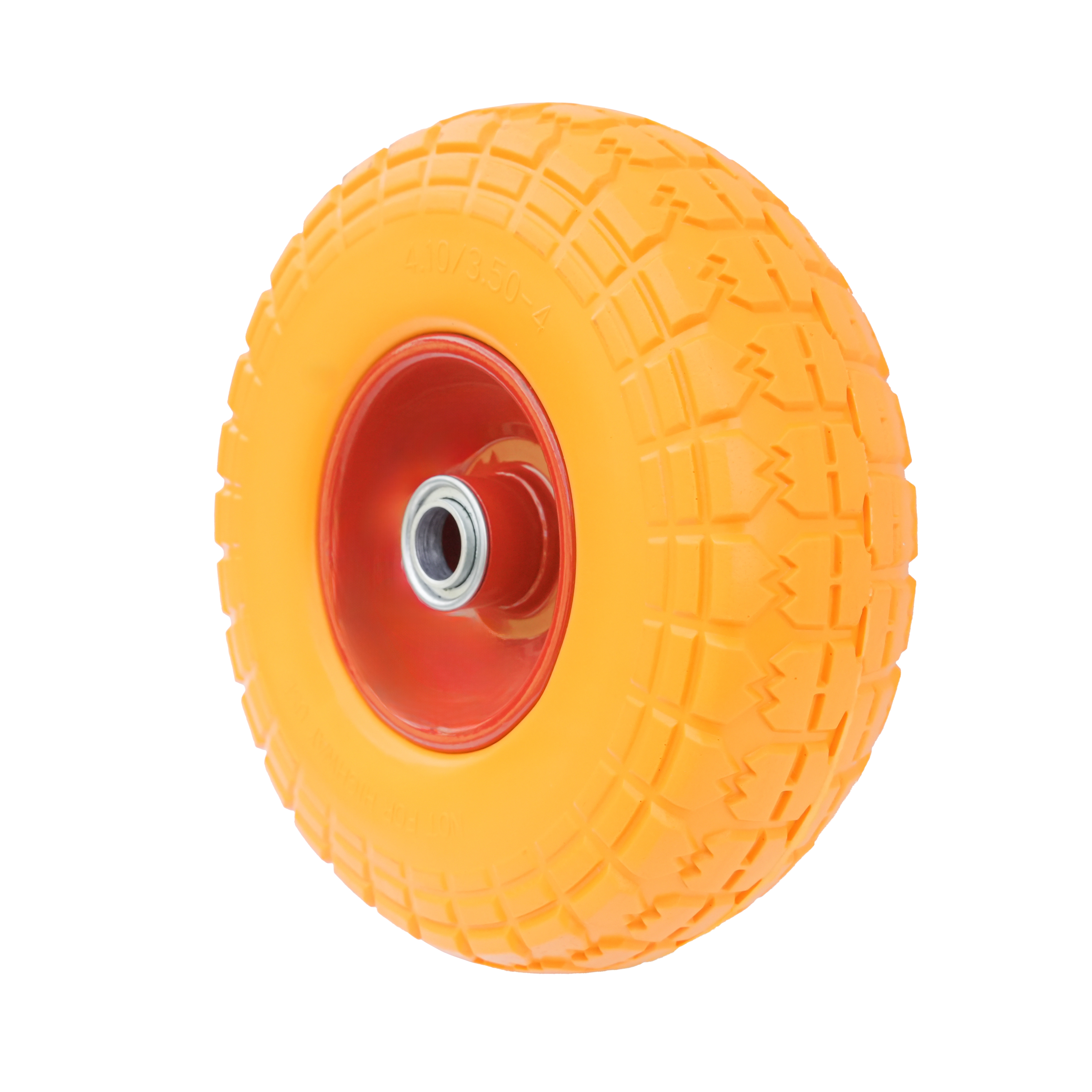 PU 1802-20 - Колесо для тачки / тележки полиуретановое бескамерное 4.10/3.50-4, сварной диск, диаметр 260 мм, ось 20 мм, металлический обод, симметричная ступица, шариковый подшипник